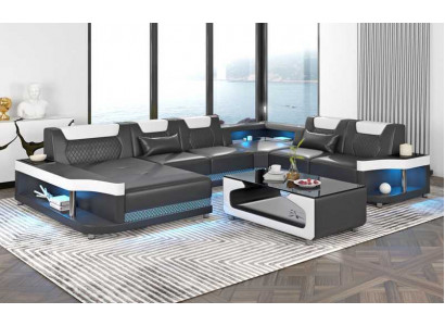 Duża sofa Żywy krajobraz LED XXL U kształt Narożnikowa kanapa skórzana sofa Czarny