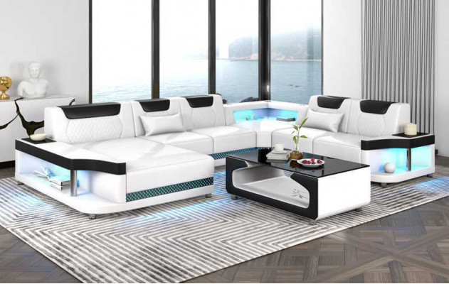 Duża sofa Żywy krajobraz LED XXL U kształt Narożnikowa kanapa skórzana sofa Czarny