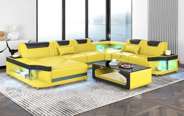 Duża sofa Żywy krajobraz LED XXL U kształt Narożnikowa kanapa skórzana sofa Czarny
