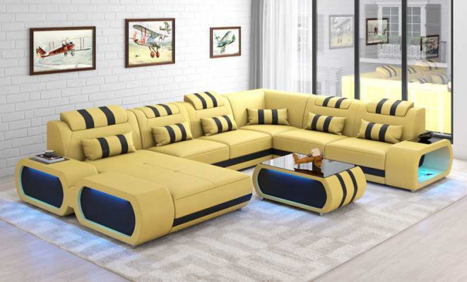 Nowoczesna sofa XXL w kształcie litery U Duża narożnikowa kanapa skórzana Czarna sztuczna skóra