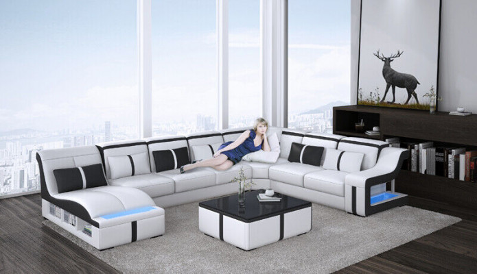 Design Narożnikowa kanapa Kształt U Podświetlana kanapa Skóra Włókienniczy Sofa Nowy Żywy krajobraz LED