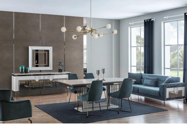 Designerski zestaw do jadalni występuje w wersji 2-częściowej. Kredens Lustro Kredens Srebrny