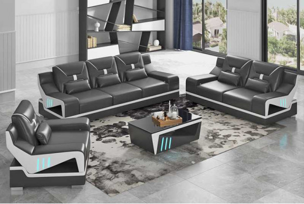 Luksusowy zestaw sofowy Kompletny zestaw wypoczynkowy Czarna sztuczna skóra Sofa 321