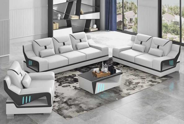 Luksusowy zestaw sofowy Kompletny zestaw wypoczynkowy Czarna sztuczna skóra Sofa 321
