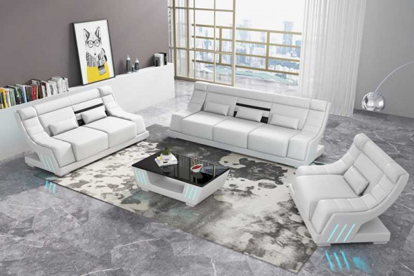 Zestaw sofowy luksusowy komplet wypoczynkowy Biały sztuczna skóra sofa 321