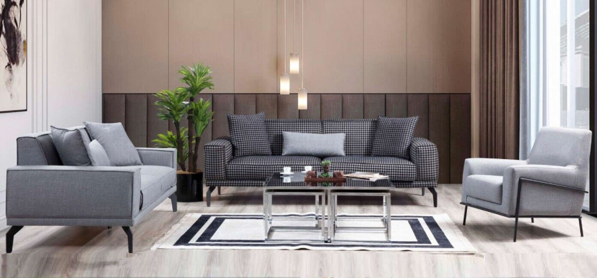 Szary Zestaw sofowy Kompletny zestaw wypoczynkowy sofa tapicerowana sofa materiałowa