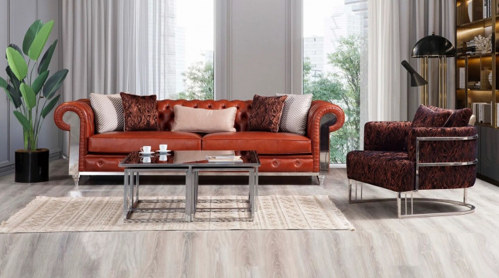 Chesterfield Zestaw sofowy sztucznej skóry Trzyosobowa sofa w kolorze brązowym z kanapami