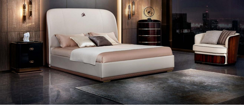 Łóżko Beżowe Skóra Drewno Sypialnia Łóżko Skórzane Nowoczesny Design Meble Luxury