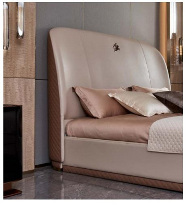 Łóżko Beżowe Skóra Drewno Sypialnia Łóżko Skórzane Nowoczesny Design Meble Luxury
