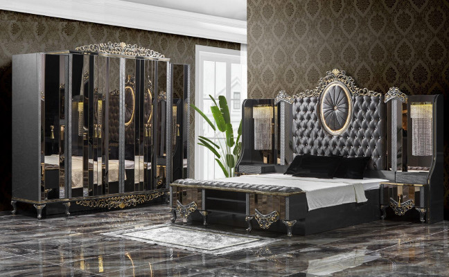 Ustawić Sypialnię Double Luxury Łóżko Classic Czarny Zestaw 3szt.