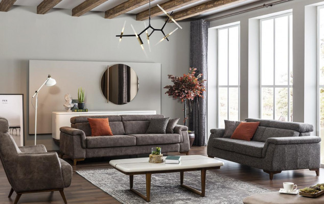 Zestaw sofowy 321 miejsce do siedzenia Sofa materiałowa Sofa Materiał Fotel Szary Funkcja łóżka