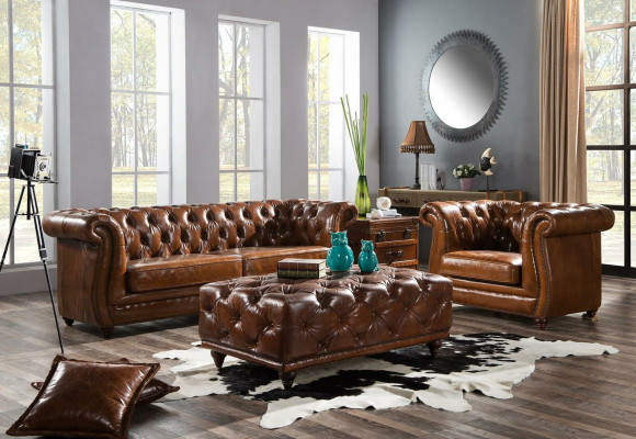 Vintage Chesterfield Zestaw sofowy Couch Podkładka Sofa Skóra 3+1 miejsce do siedzenia Zestaw 2szt.