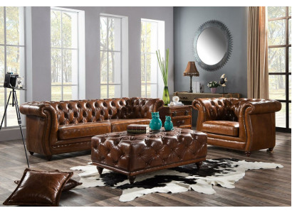 Vintage Chesterfield Zestaw sofowy Couch Podkładka Sofa Skóra 3+1 miejsce do siedzenia Zestaw 2szt.