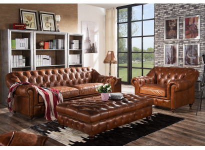 Vintage Chesterfield Zestaw sofowy Podkładka Kanapa Sofa Skóra 3+1 miejsce do siedzenia Zestaw 2szt.