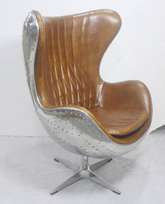 Vintage Shell Fotel Aluminium Prawdziwa skóra fotel bujany jajko jajko brąz