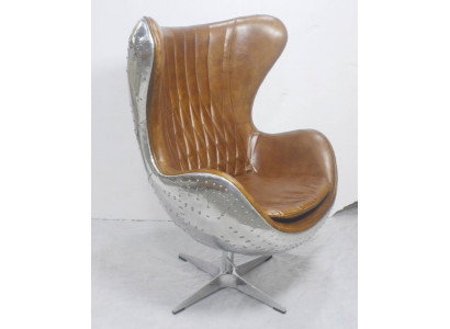 Vintage Shell Fotel Aluminium Prawdziwa skóra fotel bujany jajko jajko brąz
