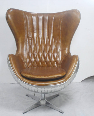 Vintage Shell Fotel Aluminium Prawdziwa skóra fotel bujany jajko jajko brąz