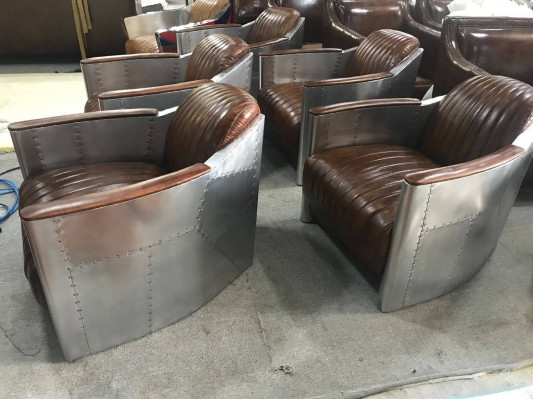 Fotel Prawdziwa skóra Sofa Sofa Samolot Club Lounge Retro Aviator Vintage Aluminium