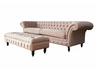 luksusowa różowa sofa czteroosobowa w stylu Chesterfield, z DOŁĄCZONYM poduszką siedziska