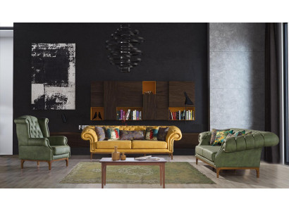 Zielono-żółty, tapicerowany designerski apartament trzyosobowy luksusowy zestaw Fotel 3+3+1