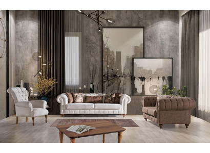 Biały - Brązowy Zestaw wypoczynkowy Chesterfield designerskie sofy luksusowe Ustaw 3+2+1