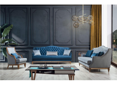 Nowoczesny zestaw sofowy Blue Chesterfield Designerski trzyosobowy luksusowy hotel