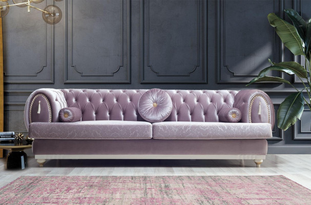 Fioletowy trzyosobowy Chesterfield designerski 3-miejsce siedzące z tapicerowaną kanapą o drewnianej ramie