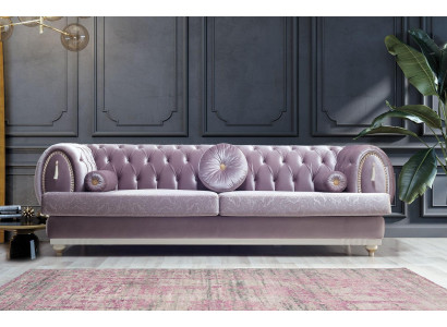 Fioletowy trzyosobowy Chesterfield designerski 3-miejsce siedzące z tapicerowaną kanapą o drewnianej ramie