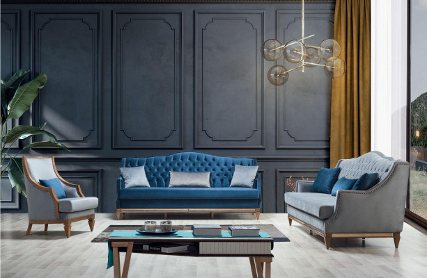 Sofa wypoczynkowa Blue Chesterfield trzyosobowa Relaks pokój dzienny 3-miejsce siedzące