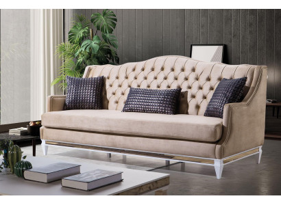 Trzyosobowa, luksusowa, tekstylna sofa Chesterfield w kolorze beżowym, designerskie kanapy z tkaniny