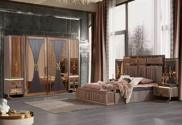 Luksusowa Sofa Beżowa Ustaw Sypialnia Podwójne łóżko Beżowy Zestaw 5szt Łóżko