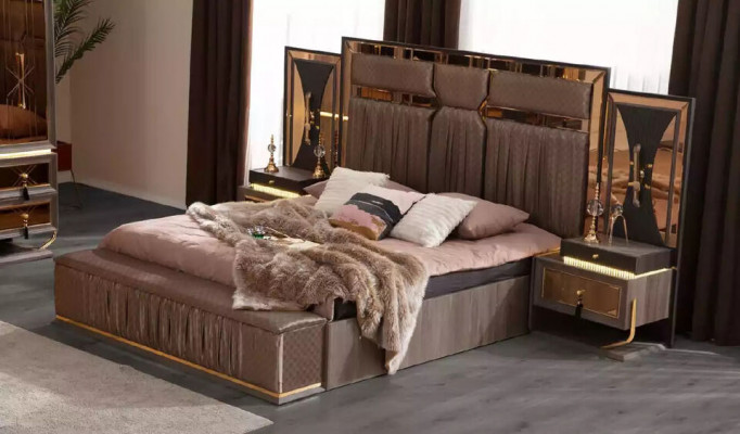 Luksusowa Sofa Beżowa Ustaw Sypialnia Podwójne łóżko Beżowy Zestaw 5szt Łóżko