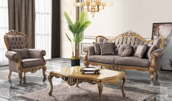 Chesterfield Zestaw sofowy Trzyosobowy Fotel Materiał stolik kawowy Szara sofa