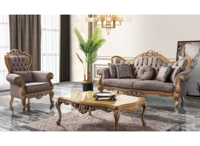 Chesterfield Zestaw sofowy Trzyosobowy Fotel Materiał stolik kawowy Szara sofa