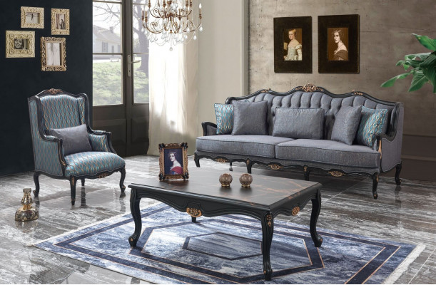 Chesterfield Zestaw sofowy trzymiejscowy Fotel Materiał stolik kawowy Blue Nowość