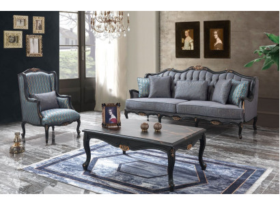 Chesterfield Zestaw sofowy trzymiejscowy Fotel Materiał stolik kawowy Blue Nowość