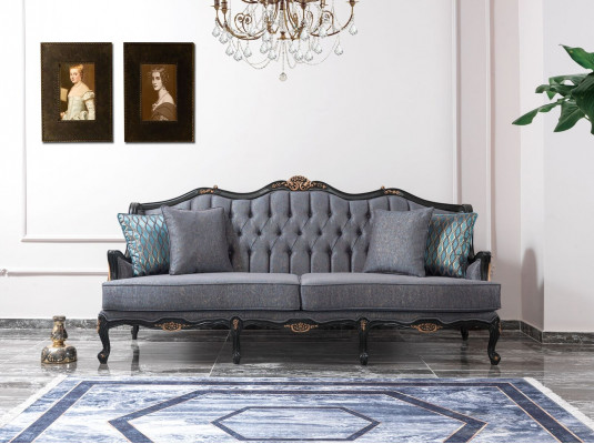 Chesterfield Zestaw sofowy trzymiejscowy Fotel Materiał stolik kawowy Blue Nowość