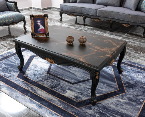 Chesterfield Zestaw sofowy trzymiejscowy Fotel Materiał stolik kawowy Blue Nowość