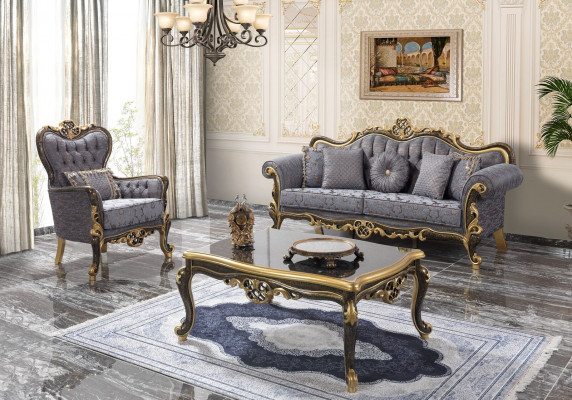 Chesterfield Zestaw sofowy tapicerowana sofa trzyosobowa niebieska komplet foteli