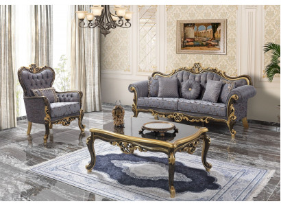 Chesterfield Zestaw sofowy tapicerowana sofa trzyosobowa niebieska komplet foteli