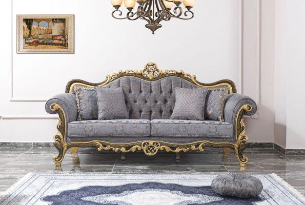 Chesterfield Zestaw sofowy tapicerowana sofa trzyosobowa niebieska komplet foteli