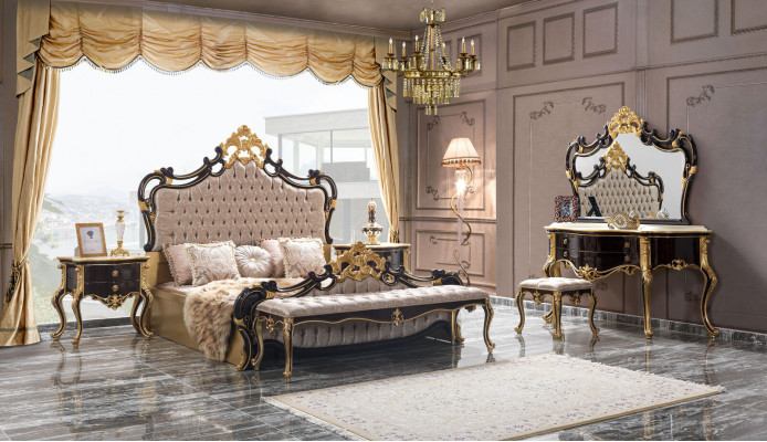 Podwójne łóżko Ustawić Chesterfield Luxury Sypialnia Łóżko 6szt Czarne łóżko