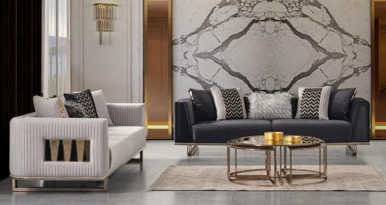 Nowoczesna trzyosobowa sofa materiałowa w kolorze szaro-niebieskim. Zestaw 2-częściowej sofy