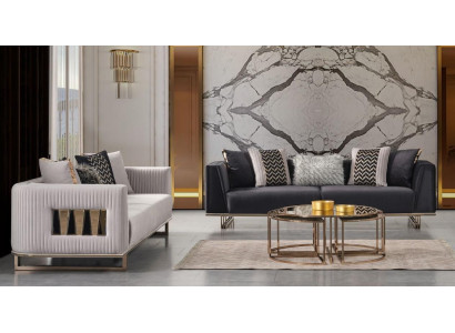 Nowoczesna trzyosobowa sofa materiałowa w kolorze szaro-niebieskim. Zestaw 2-częściowej sofy