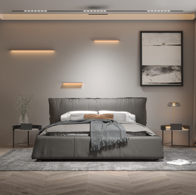Szara Sypialnia Designerskie łóżko Podwójne łóżko z ramą drewnianą Nowe skórzane łóżko