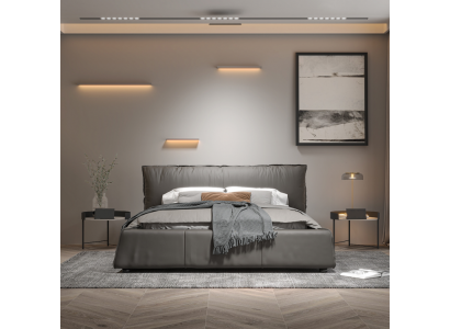 Szara Sypialnia Designerskie łóżko Podwójne łóżko z ramą drewnianą Nowe skórzane łóżko