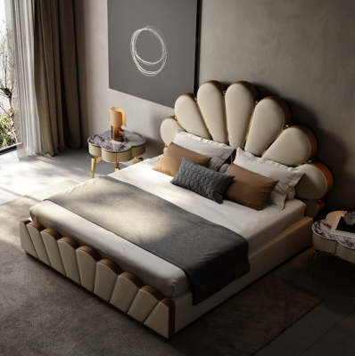 Modern Beige Sypialnia Łóżko sztuczna skóra Podwójne łóżko Designerskie