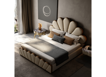 Modern Beige Sypialnia Łóżko sztuczna skóra Podwójne łóżko Designerskie