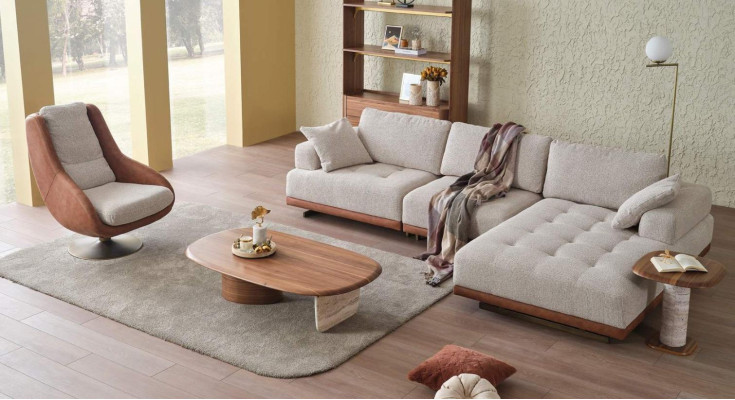 Stylowy zestaw do salonu 2 sztuki. Luksusowy zestaw Narożnikowa kanapa w kształcie litery L + designerski zestaw Fotel
