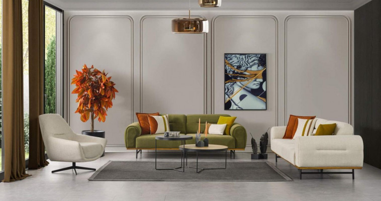 Designerski zestaw do salonu składający się z 2 części. Luksusowe Meble Beżowy Kolor Modern Nowość